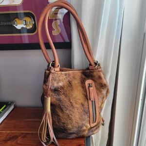 BOOZIE & CO The Ménage Bag Cowhide/Leather Brown Orange Zip Clasp Button